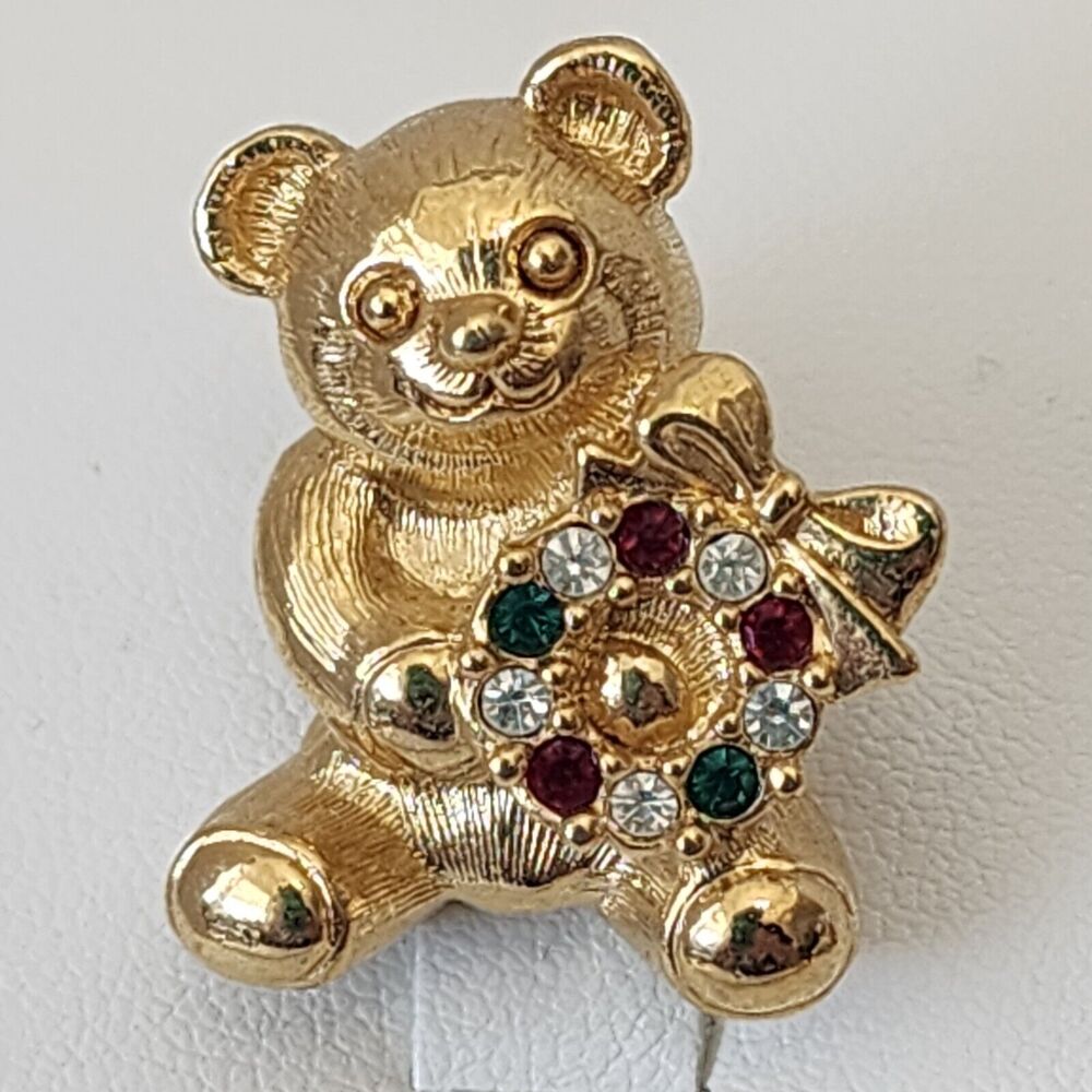 Goldtone Christmas Pin Teddy Bear W/wreath Clear Green Red Rhinestones Vintage